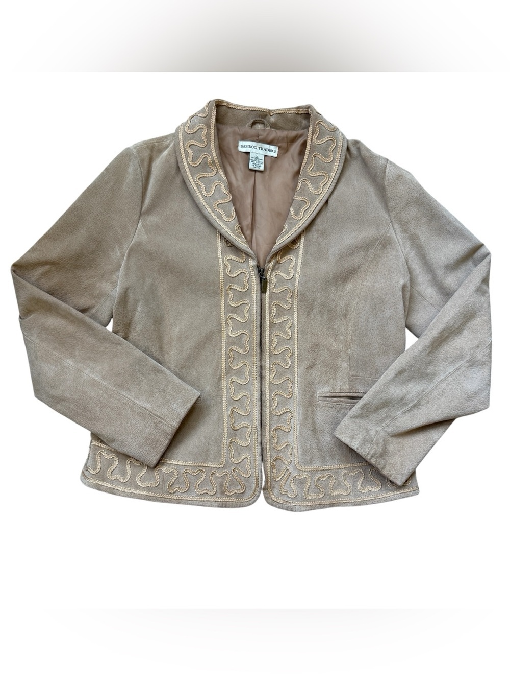 Vintage Bamboo Traders Suede Leather Jacket Western Embroidered Trim Boho Luxe L